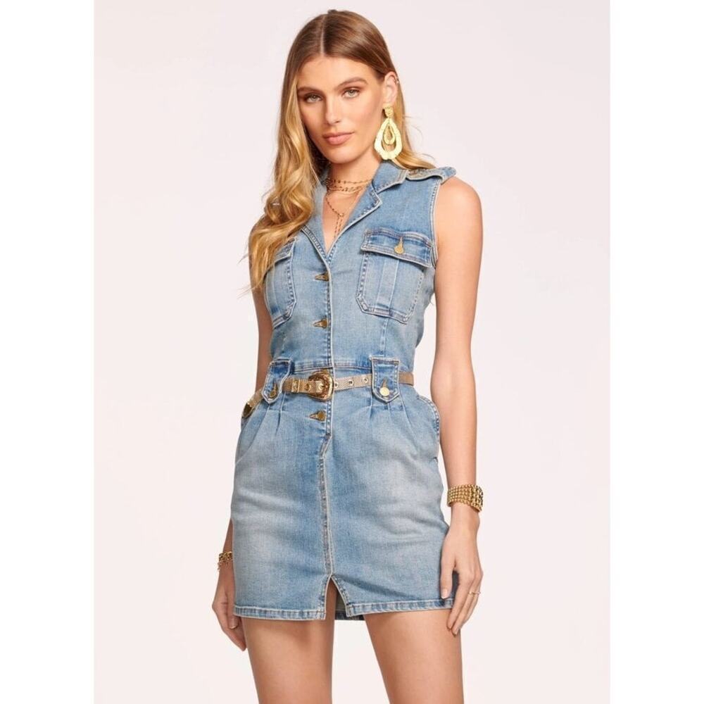 Ramy Brook Hedi Denim Mini Dress Button-Front Light Wash Y2K 90s Brittney - Picture 3 of 14